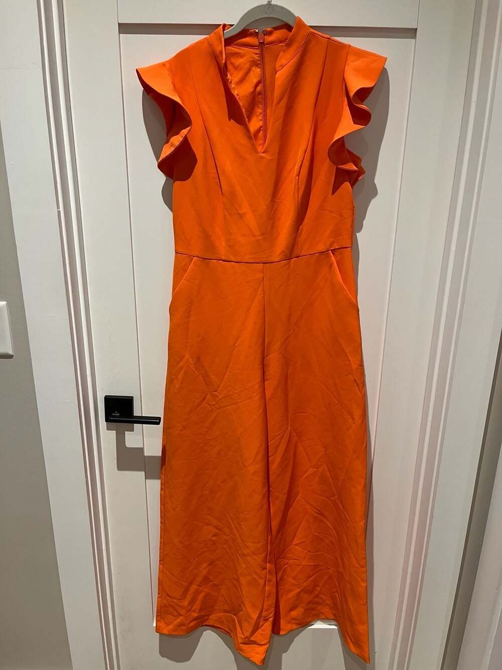 New York & Company Stretch Orange Mock Neck Ruffle Sleeve Wide Leg Jumpsuit Size